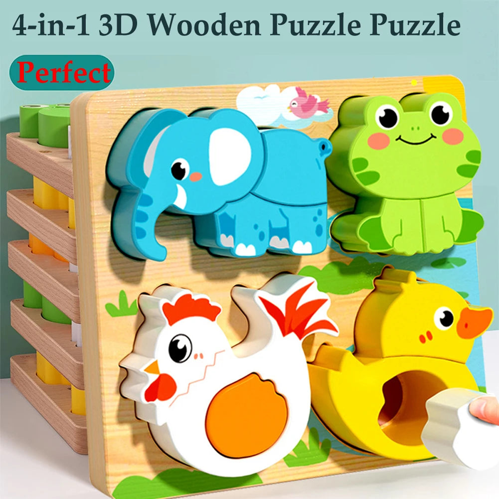 4-in-1 Wooden Toys 3D Wood Puzzle Cartoon Animals Cognitive Jigsaw Puzzle Early Learning Educational Toys For Children Gift RELUX.STORE