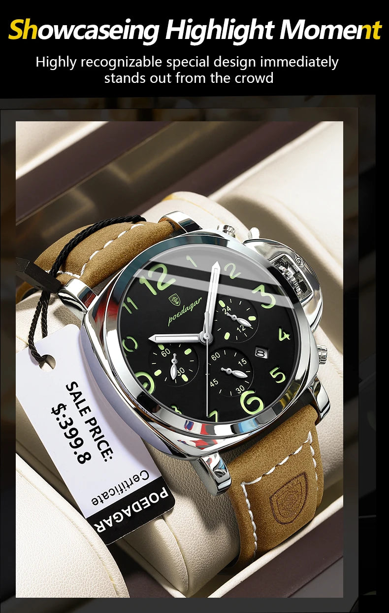 POEDAGAR Top Luxury Fashion Watch For Men Waterproof Luminous Chronograph Man Watch Leather Military Men's Quartz Watches Reloj