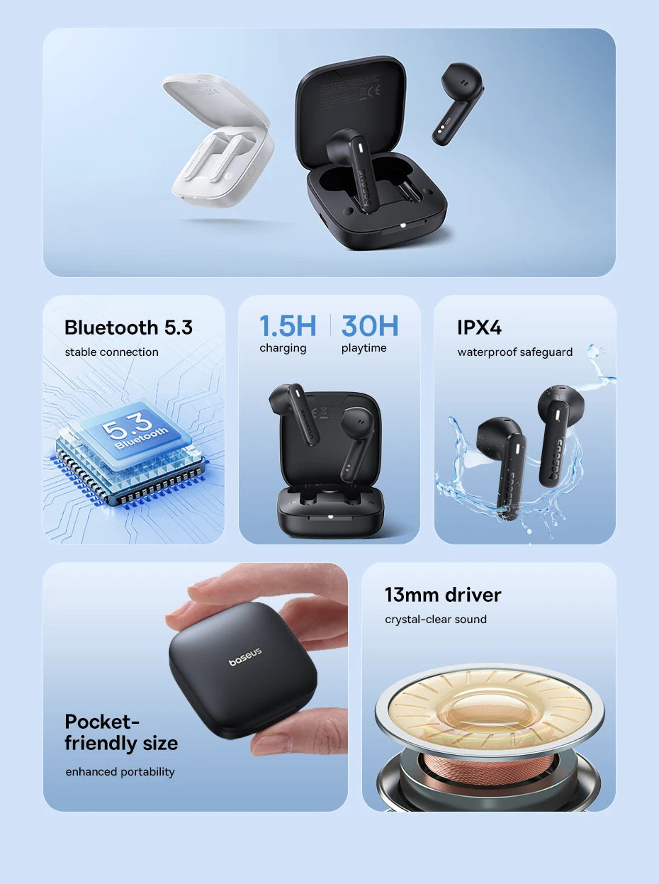 Baseus Bowie E16 Wireless Earphones Bluetooth 5.3 TWS Earbuds IPX4 Waterproof Earphone 30H Playtime 13mm Driver HIFI Headphones RELUX.STORE