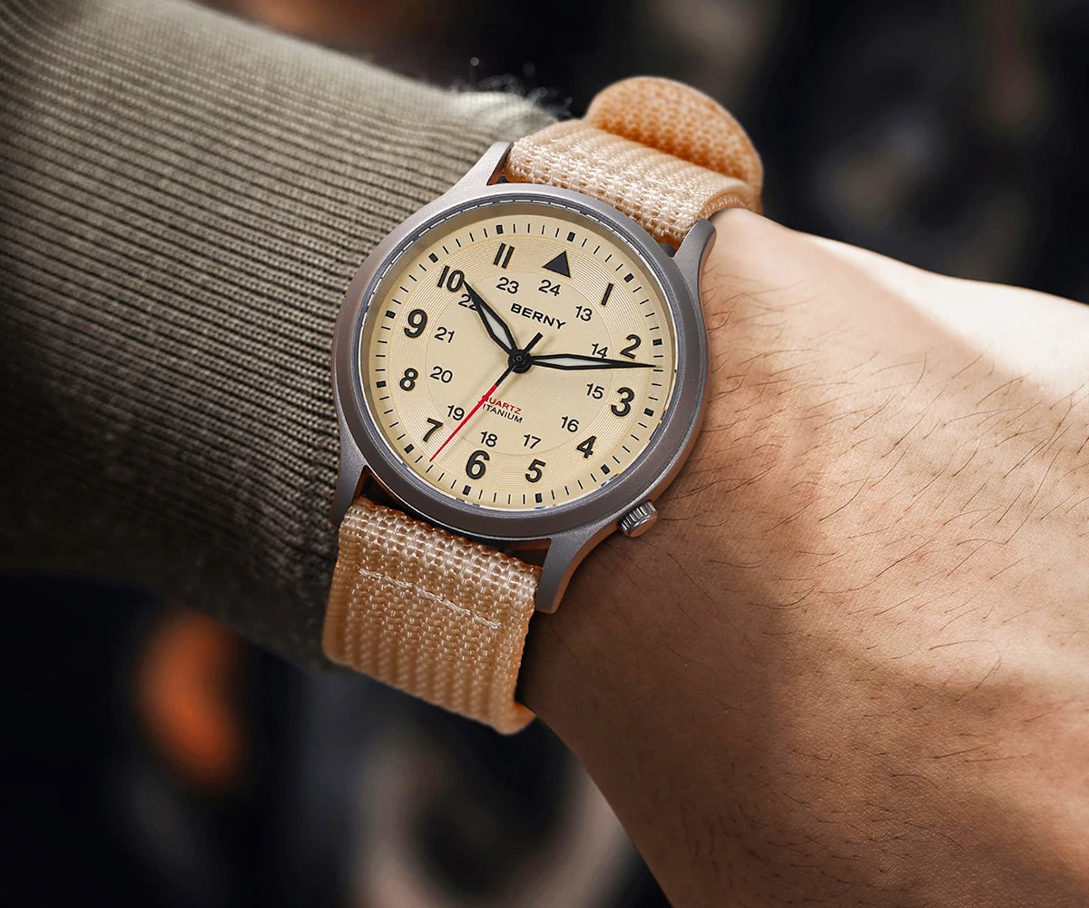 BERNY Titanium Watches for Men Classic Mens Field Pilot Watch Easy Read Outdoor Quartz Wristwatch Super Luminous Sapphire 5ATM