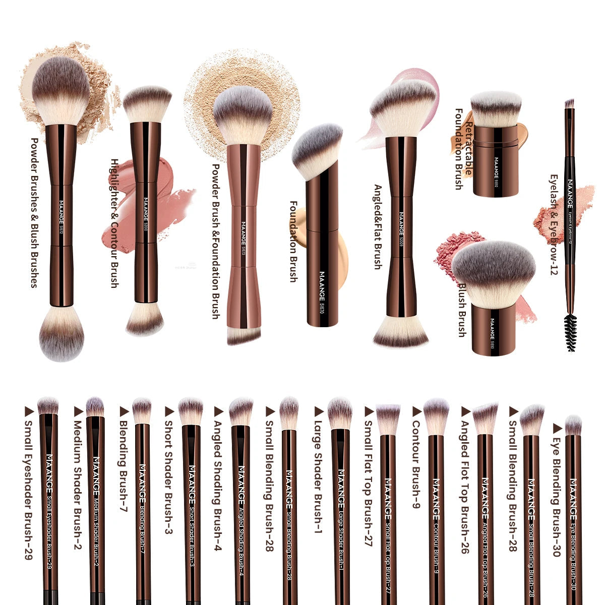 MAANGE 20pcs/set Pro Makeup Brushes Double Ended Foundation Concealers Blush Eye Shadows Brush for Liquid Cream Powder Blending RELUX.STORE