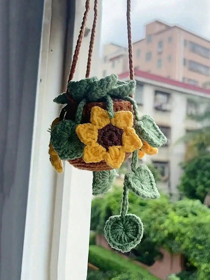 1pc Handmade Crocheted Green Radish Potted Plant Wool Ornament - Car Rearview Mirror Pendant / Car Hanging Decoration