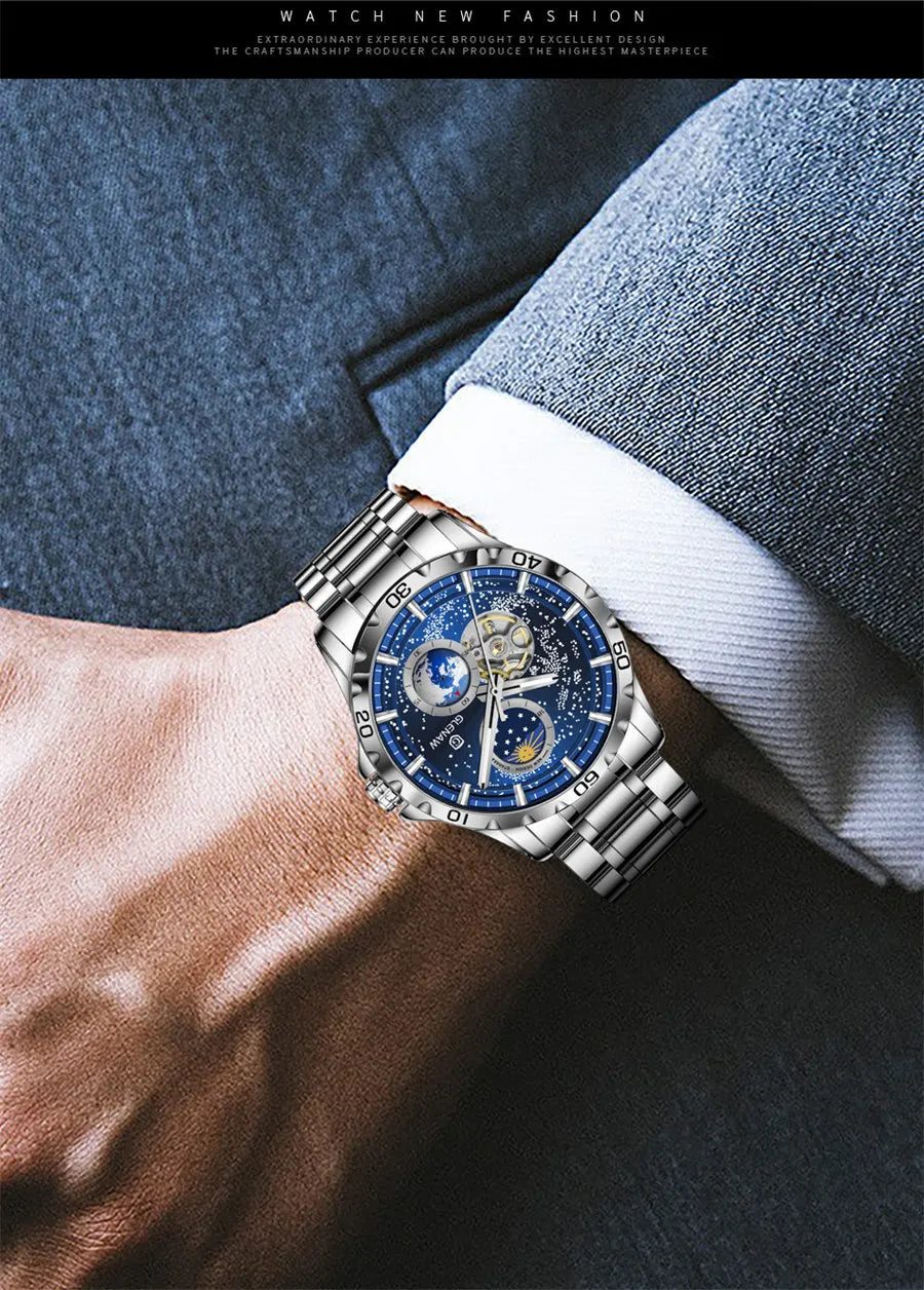 GLENAW Rotating Earth Double Second Hand WristWatch Men Automatic Mechanical Watch Starry Sky Stainless Steel Leather Watchband