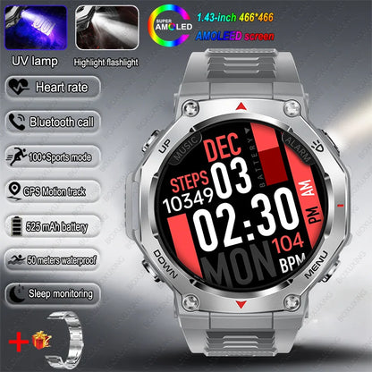 T-Rex 3 GPS Smart Watch 5ATM Waterproof 1.43 inch AMOLED HD Screen BT Call Flashlight Military Sport Smartwatches Men 2025 New