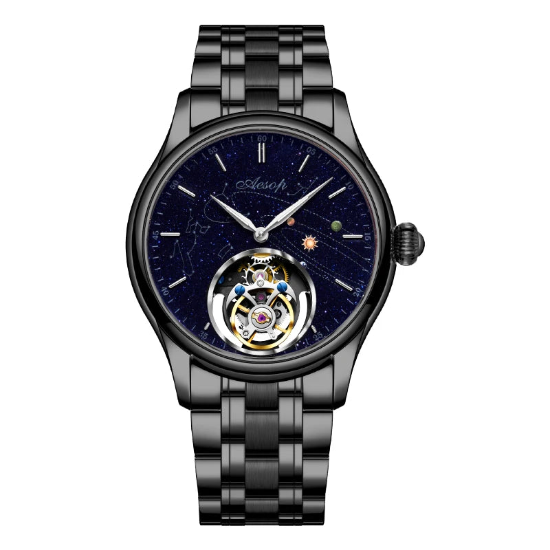 AESOP Mens Luxury Real Flying Tourbillon Mechanical Sapphire Waterproof Watch Skeleton Watches for Men Wristwatches Male 2025 A