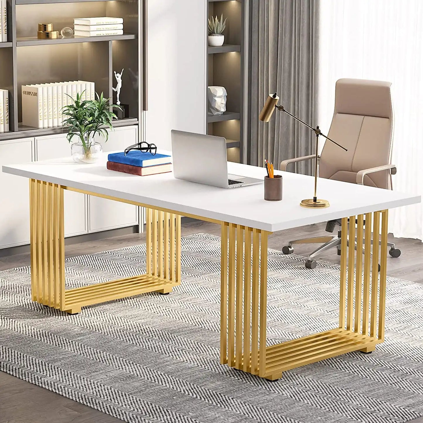 70.9" Executive Office Desk, Modern Conference Desk with Metal Frame, White Gold