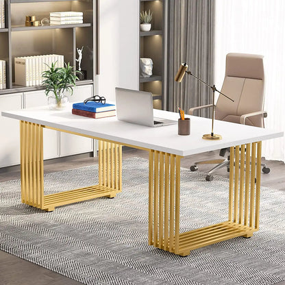 70.9" Executive Office Desk, Modern Conference Desk with Metal Frame, White Gold