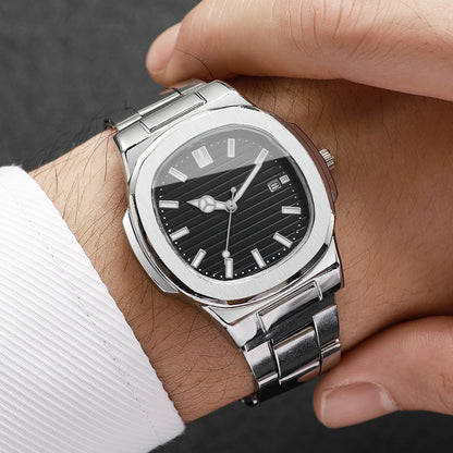 Men Fashion Wristwatches Business Square Dial Stainless Steel Strap Quartz Watch with Calendar For Mens Clock（Without Box）