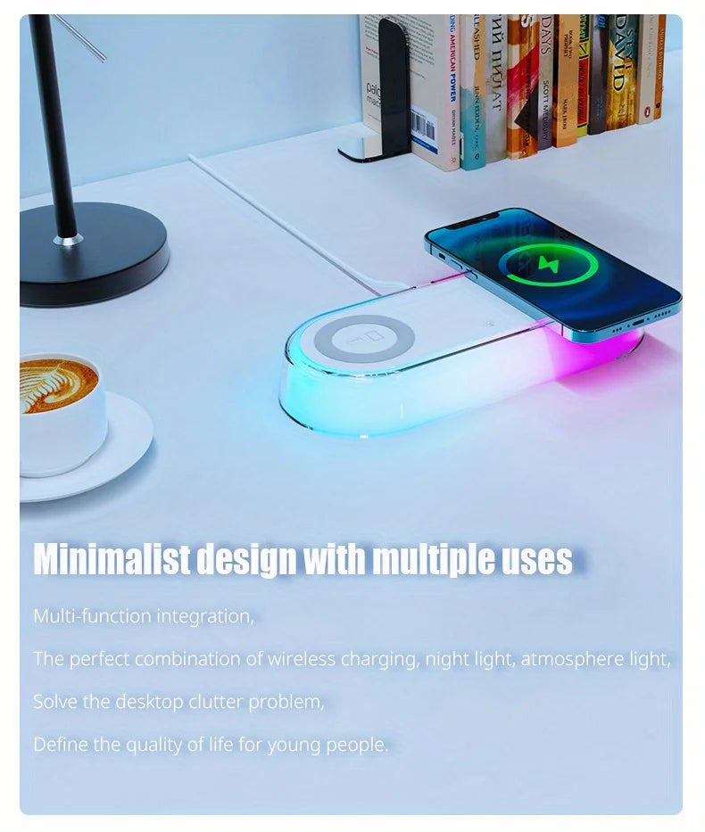 Wireless Charger Alarm Clock Time LED Light Thermometer Earphone Phone Charger 15W Fast Charging Dock Station for iPhone Samsung