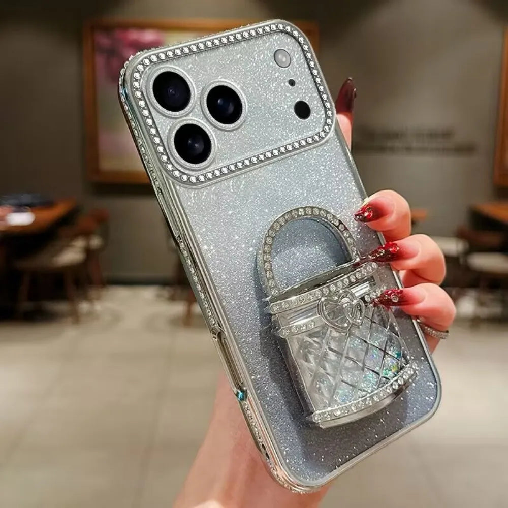 For iPhone17/15/14/13/12promax Rhinestone Phone Case Makeup Mirror Holder Quicksand Glitter Case RELUX.STORE