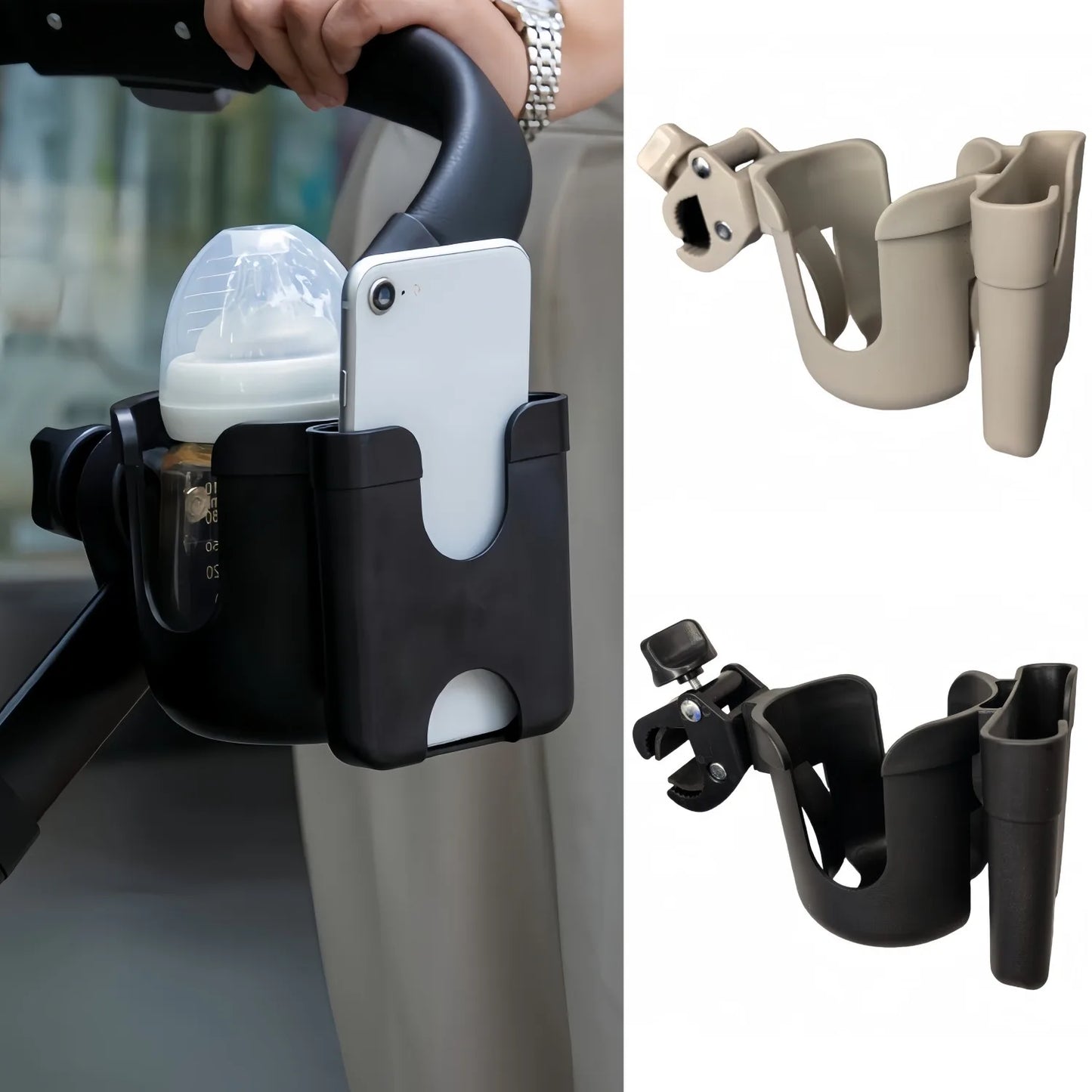 🍼🚼 Universal Pram Cup & Bottle Holder with Phone Mount – Anti-Slip Stroller Drink Holder for Baby Strollers, Bikes & Wheelchairs 📱✨