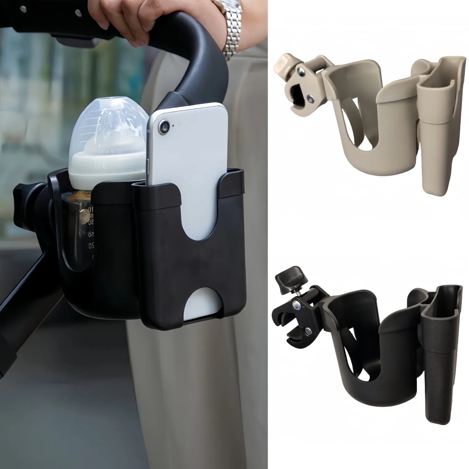 🍼🚼 Universal Pram Cup & Bottle Holder with Phone Mount – Anti-Slip Stroller Drink Holder for Baby Strollers, Bikes & Wheelchairs 📱✨