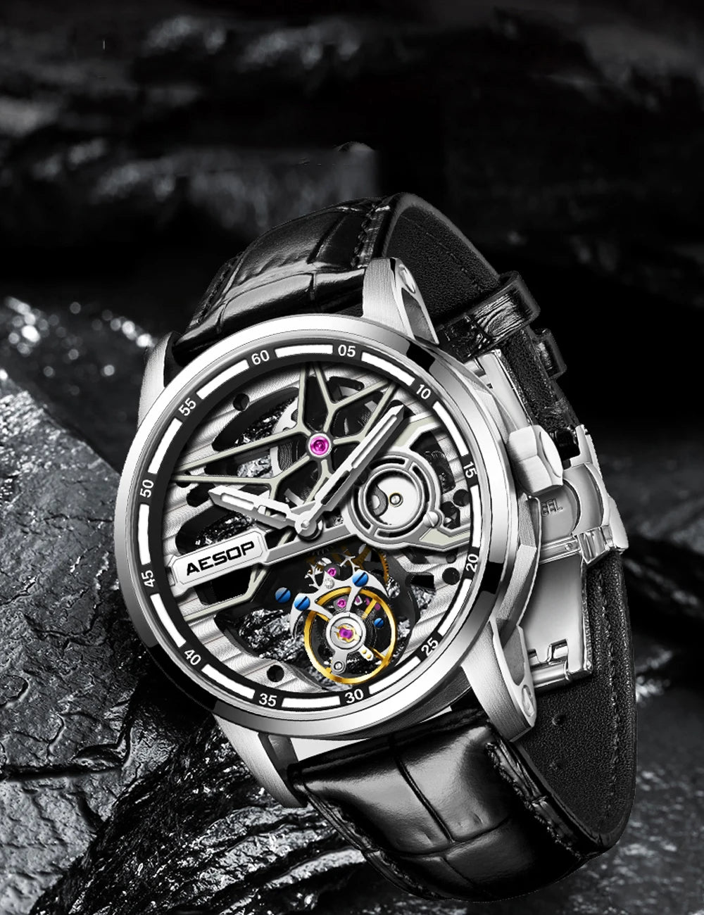 AESOP Men Flying Tourbillon Mechanical Full Skeleton Waterproof Watches Top Brand Luxury Watch for Men Sapphire With Diamond Man