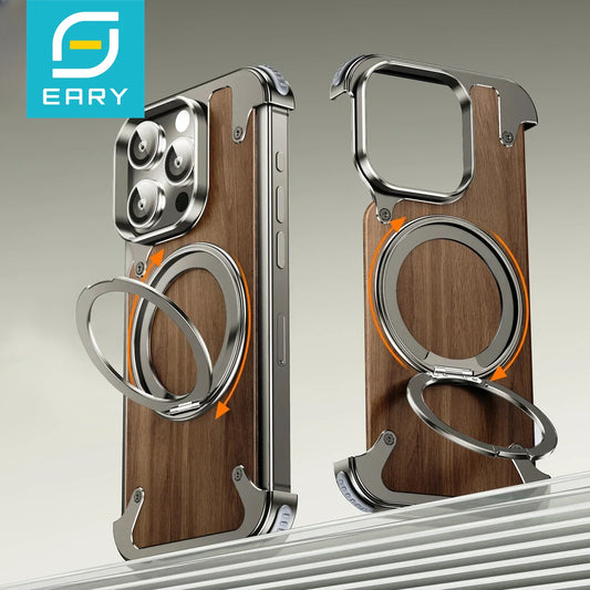 Eary Natural Wood for iPhone 16 15 Pro Max Case Frameless with MagSafe Phone Stand Shockproof Protective iPhone 14 Pro Max Cover
