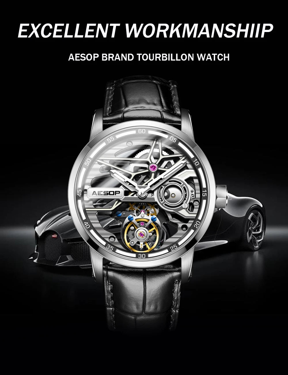AESOP Men Flying Tourbillon Mechanical Full Skeleton Waterproof Watches Top Brand Luxury Watch for Men Sapphire With Diamond Man