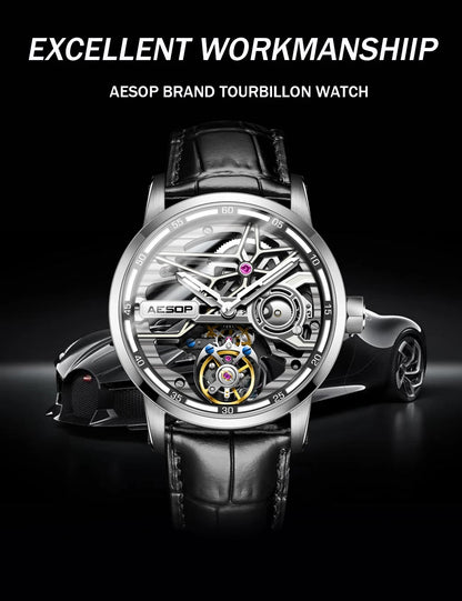 AESOP Men Flying Tourbillon Mechanical Full Skeleton Waterproof Watches Top Brand Luxury Watch for Men Sapphire With Diamond Man