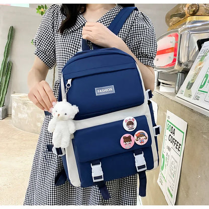 Five-Piece Set Large Capacity Fashionable Double Shoulder Backpack for Junior And High School Girls Primary School Students