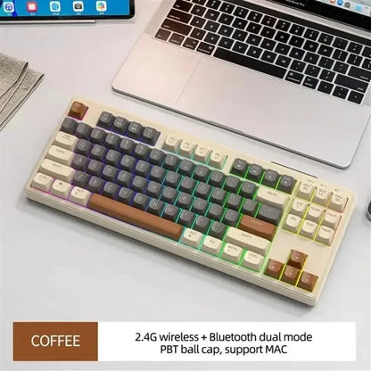 M87 Wireless Keyboard Gaming,87keys Dual Mode Bluetooth Keyboard with Rainbow-light RGB,PBT Ballcaps for Silent Office Gaming