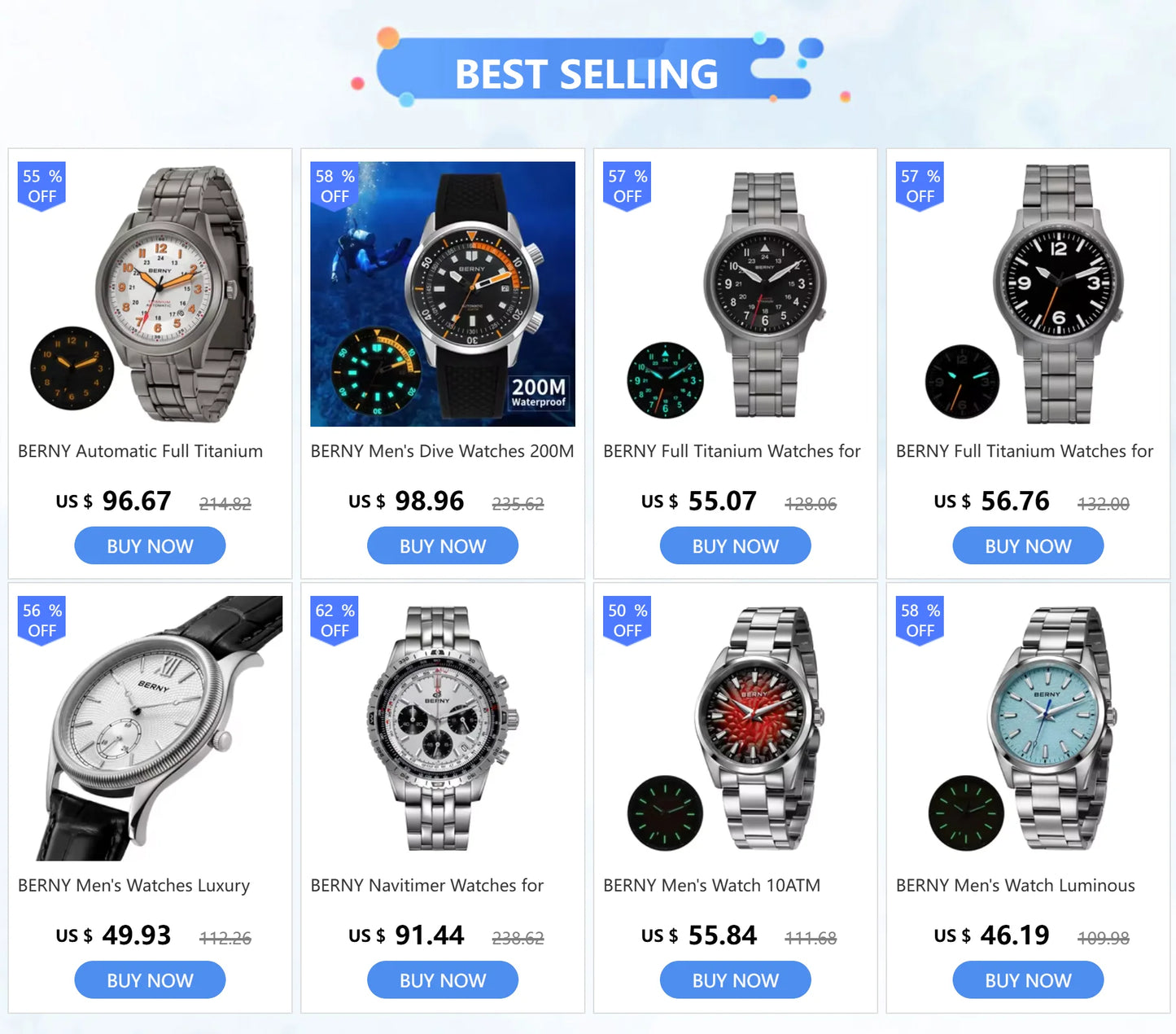 BERNY Titanium Watches for Men Classic Mens Field Pilot Watch Easy Read Outdoor Quartz Wristwatch Super Luminous Sapphire 5ATM