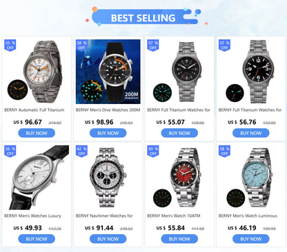 BERNY Titanium Watches for Men Classic Mens Field Pilot Watch Easy Read Outdoor Quartz Wristwatch Super Luminous Sapphire 5ATM