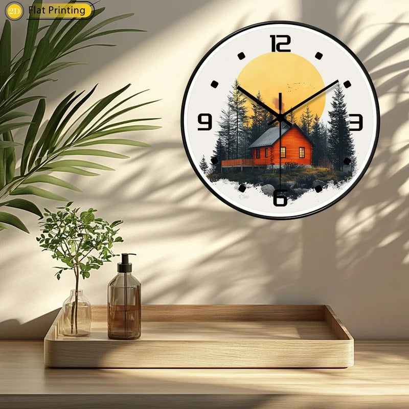 Unique 2D-Flat Sunny mountain cabin Plastic Silent Wall Clock Elegant home decor exquisite choice for New Year presents