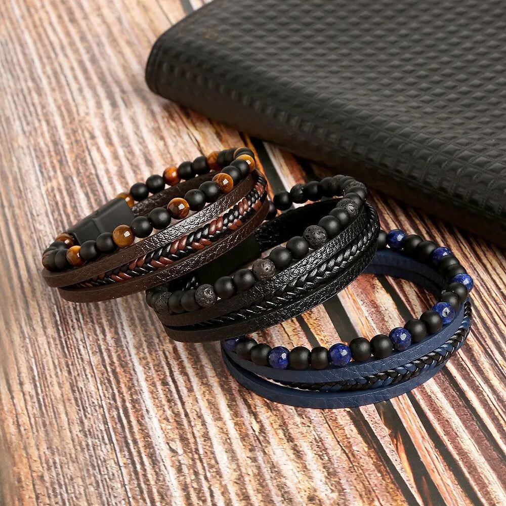 Men Leather Bracelet Classic Fashion Tiger Eye Beaded Multi Layer Leather Bracelet For Men Jewelry Gift RELUX.STORE