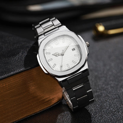Men Fashion Wristwatches Business Square Dial Stainless Steel Strap Quartz Watch with Calendar For Mens Clock（Without Box）