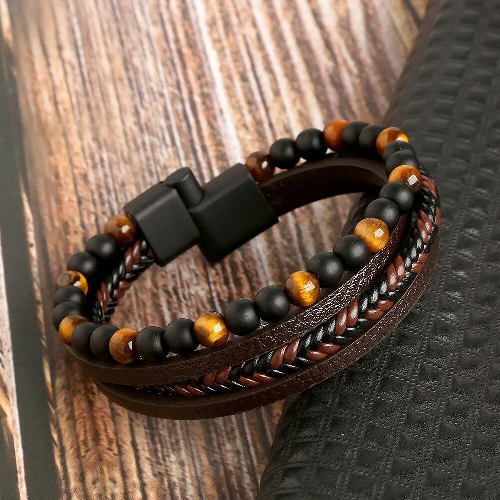 Men Leather Bracelet Classic Fashion Tiger Eye Beaded Multi Layer Leather Bracelet For Men Jewelry Gift RELUX.STORE