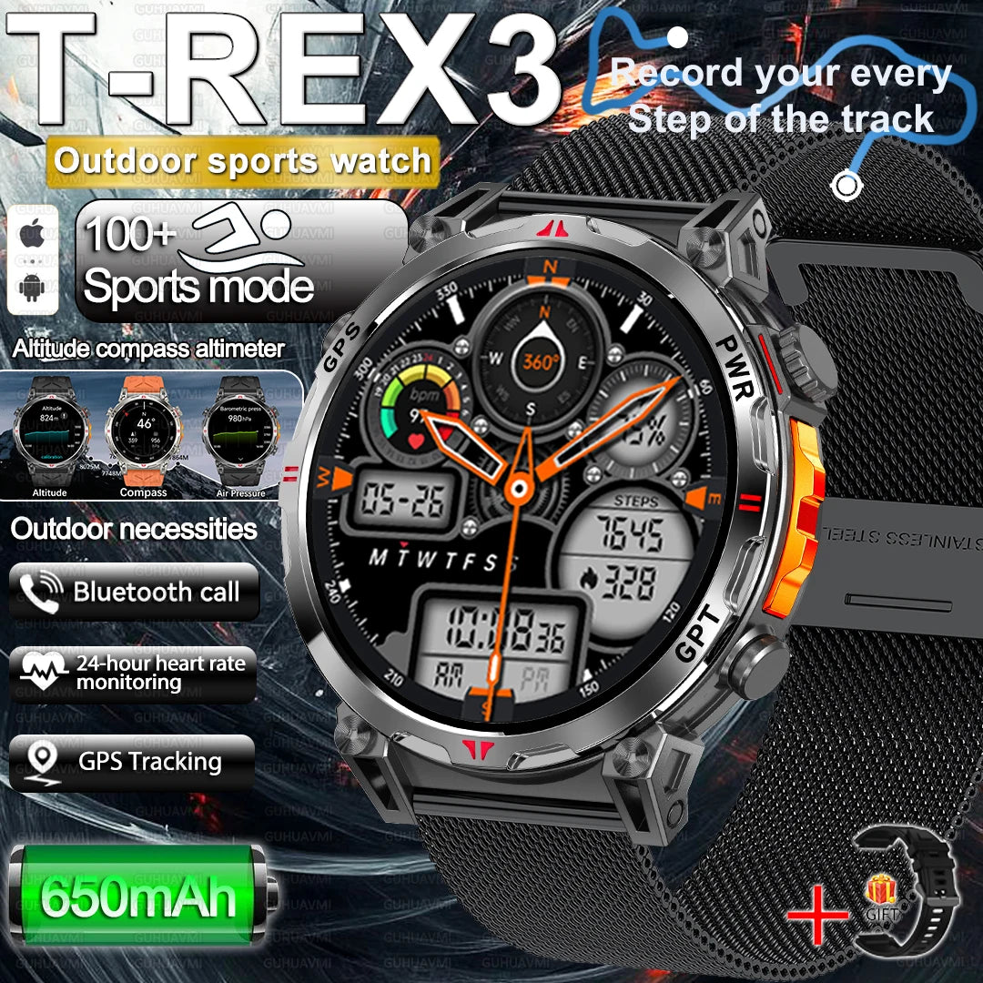 2025 New Military AMOLED HD SmartWatch 650Mah Battery GPS Compass 5ATM Waterproof Tactics 100+ Sport BT call Smart Watch For Men