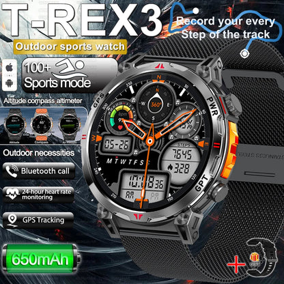 2025 New Military AMOLED HD SmartWatch 650Mah Battery GPS Compass 5ATM Waterproof Tactics 100+ Sport BT call Smart Watch For Men