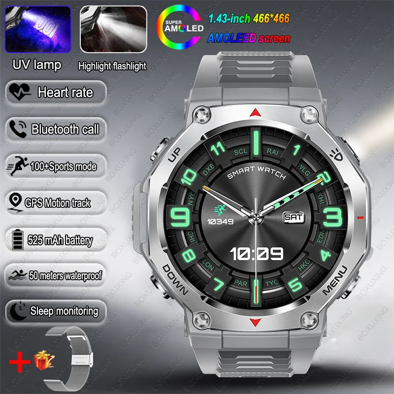 T-Rex 3 GPS Smart Watch 5ATM Waterproof 1.43 inch AMOLED HD Screen BT Call Flashlight Military Sport Smartwatches Men 2025 New