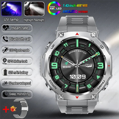 T-Rex 3 GPS Smart Watch 5ATM Waterproof 1.43 inch AMOLED HD Screen BT Call Flashlight Military Sport Smartwatches Men 2025 New