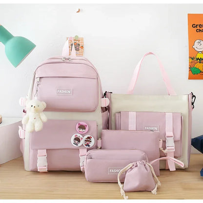 Five-Piece Set Large Capacity Fashionable Double Shoulder Backpack for Junior And High School Girls Primary School Students