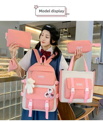 Five-Piece Set Large Capacity Fashionable Double Shoulder Backpack for Junior And High School Girls Primary School Students