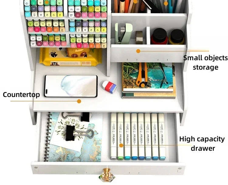 Wooden Desk Organiser DIY Desktop Tidy Pen Holder Large Capacity Stationery Storage Box with Drawer for Home Office and School