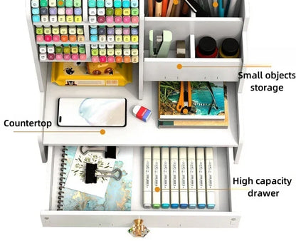 Wooden Desk Organiser DIY Desktop Tidy Pen Holder Large Capacity Stationery Storage Box with Drawer for Home Office and School