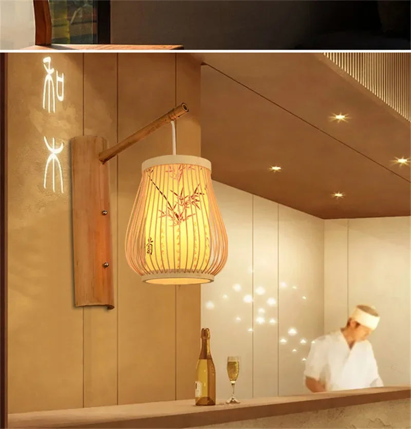 SAMAN Modern Bamboo Art Wall Lamp Bamboo Weaving Creative Living Room Restaurant Bedroom StudyTea Homestay LED Retro Wall Light