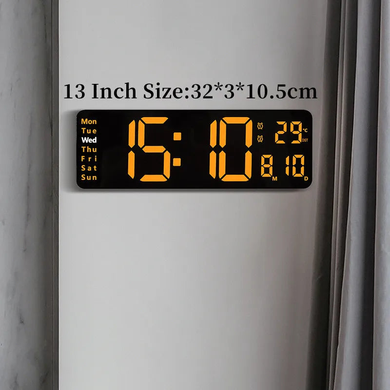 Large Digital Wall Clock Temp Date Week Display Remote Control Power Off Memory Table Clock Wall-mounted Dual Alarms LED Clocks