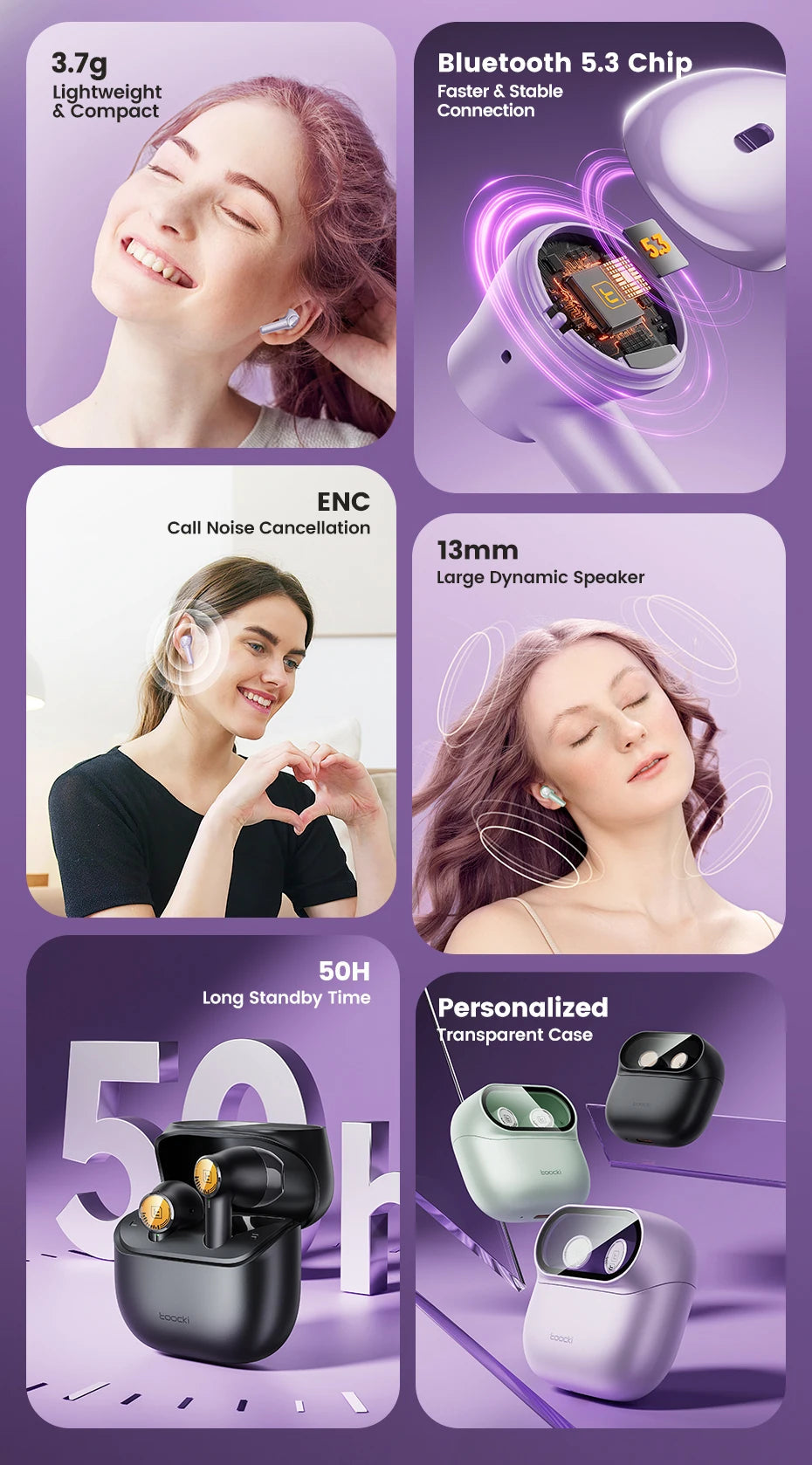 Toocki ENC Bluetooth 5.3 Headphones TWS HiFi Sound Stereo Earphones with Mic Wireless Waterproof In-Ear Headset for Mobile Phone RELUX.STORE