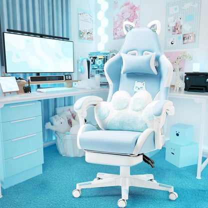 Cute Gaming Chair with Lumbar Cushion and Decorated Ears, Ergonomic Computer Chair with Footrest, Reclining PC Game Chair