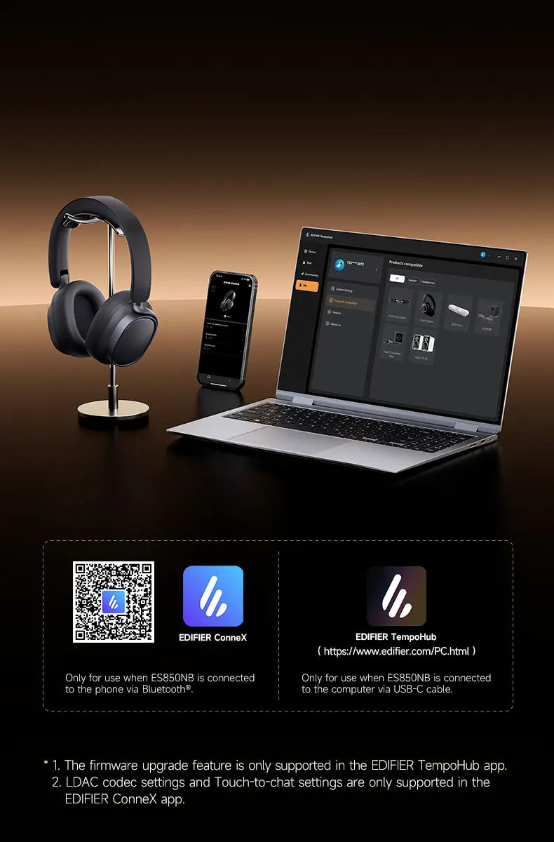 Edifier ES850NB Wireless Headphone Noise Cancelling Bluetooth Earphones Hi-Res Wireless Over-Ear Headphones with Carry Bag