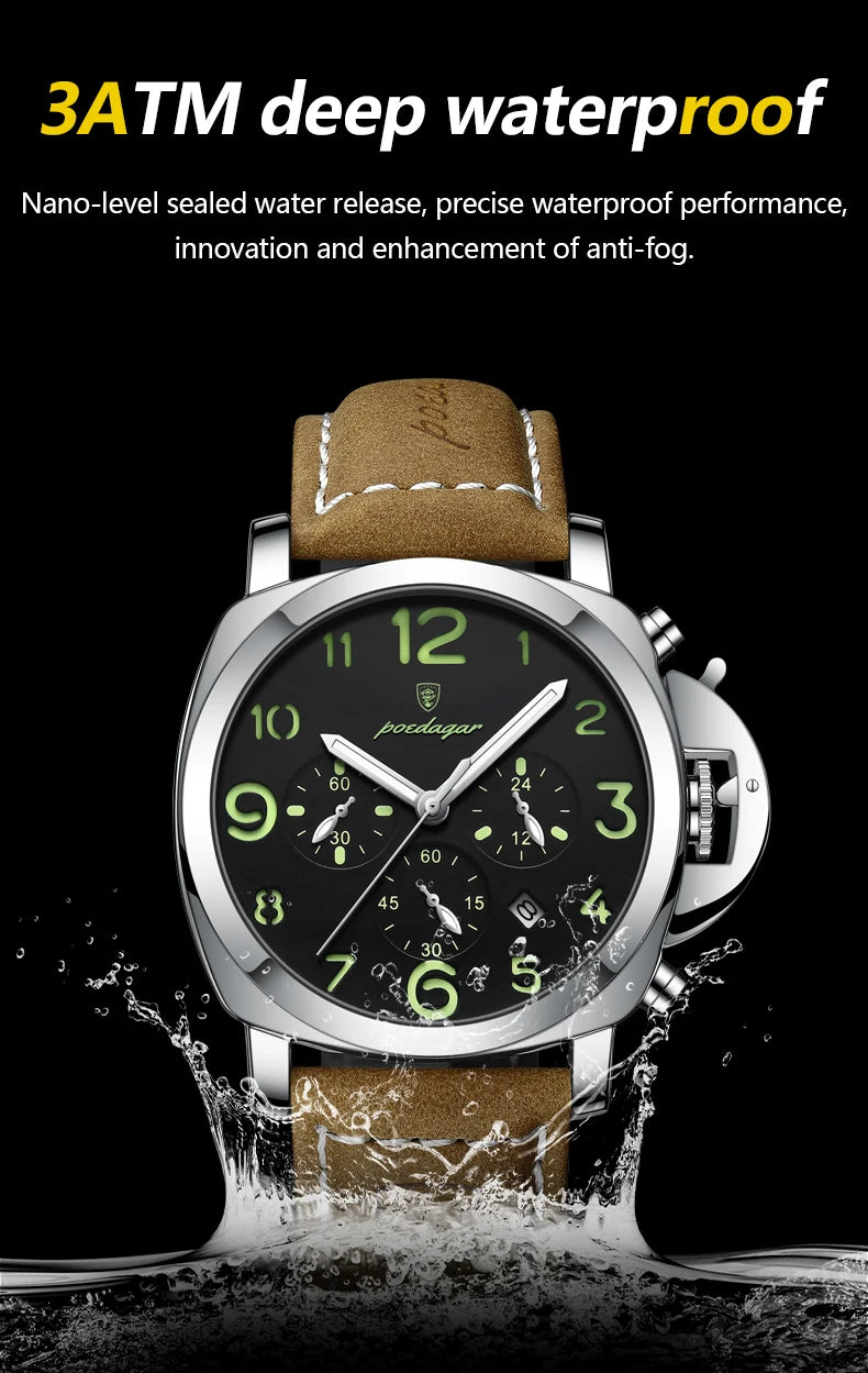 POEDAGAR Top Luxury Fashion Watch For Men Waterproof Luminous Chronograph Man Watch Leather Military Men's Quartz Watches Reloj