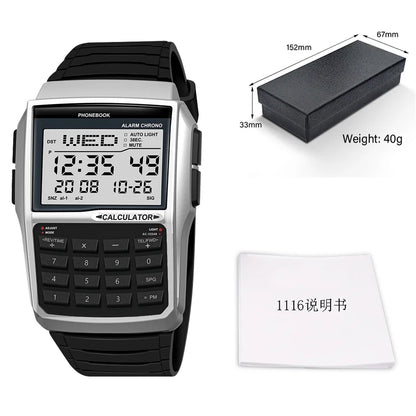 Computer Style Stainless Steel Strap Watch Men's Calculator Watch Multifunctional Led Watch Plastic Case Men's Watch Top Luxury