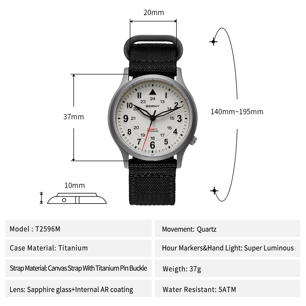 BERNY Titanium Watches for Men Classic Mens Field Pilot Watch Easy Read Outdoor Quartz Wristwatch Super Luminous Sapphire 5ATM