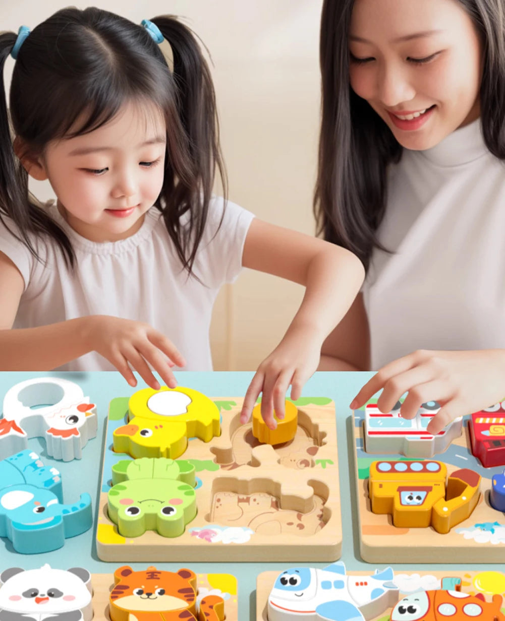 4-in-1 Wooden Toys 3D Wood Puzzle Cartoon Animals Cognitive Jigsaw Puzzle Early Learning Educational Toys For Children Gift RELUX.STORE
