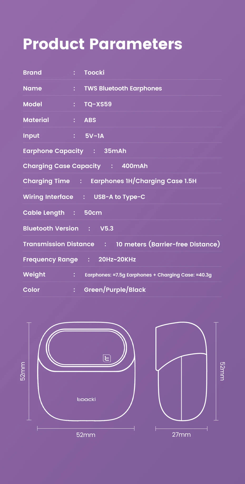 Toocki ENC Bluetooth 5.3 Headphones TWS HiFi Sound Stereo Earphones with Mic Wireless Waterproof In-Ear Headset for Mobile Phone RELUX.STORE