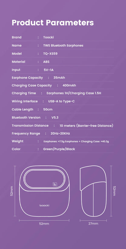 Toocki ENC Bluetooth 5.3 Headphones TWS HiFi Sound Stereo Earphones with Mic Wireless Waterproof In-Ear Headset for Mobile Phone RELUX.STORE