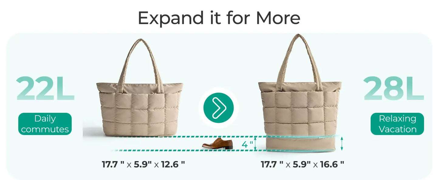 BAGSMART Expandable Tote Bag for Women, Puffer Work Tote Water-Resistant Quilted, Nurse and Carry-On Travel Gym Bag