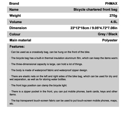 PHMAX Bike Front Bag Portable Bike Mountain Bike Handlebar Bag Multi-Pocket MTB Storage Bag Large Capacity Waterproof Bike Bag