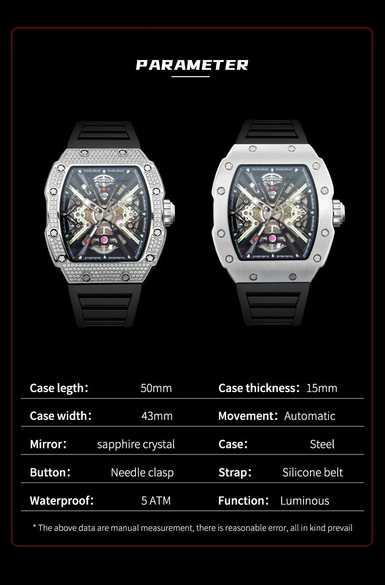 PINDU New Men Watch 50 Meter Waterproof Stainless Steel Case Luminous Sapphire mirror Dial Fashionable Men Mechanical Watch